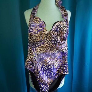Janzen Purple/Black/White Halter top tie one-piece swim suit - Large